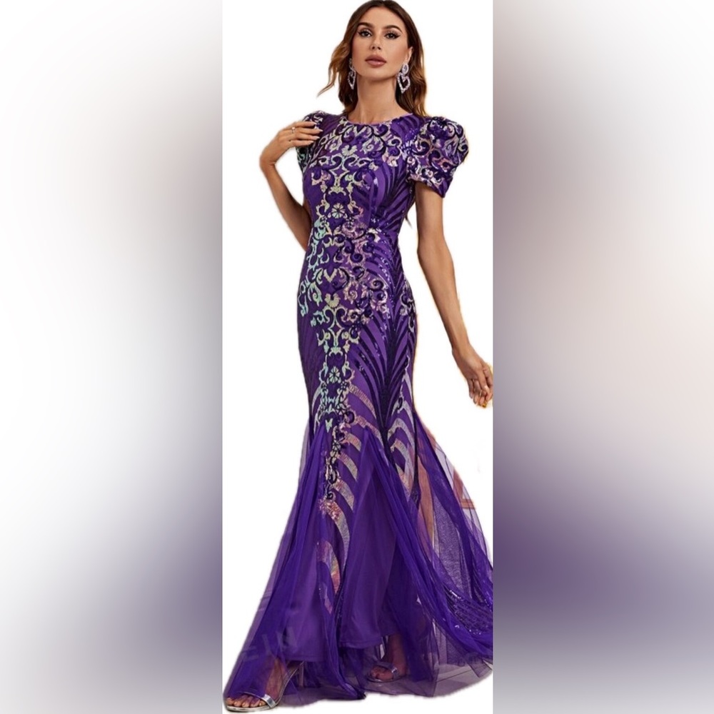Purple Puff Sleeve Sequined Dress - M (6)
